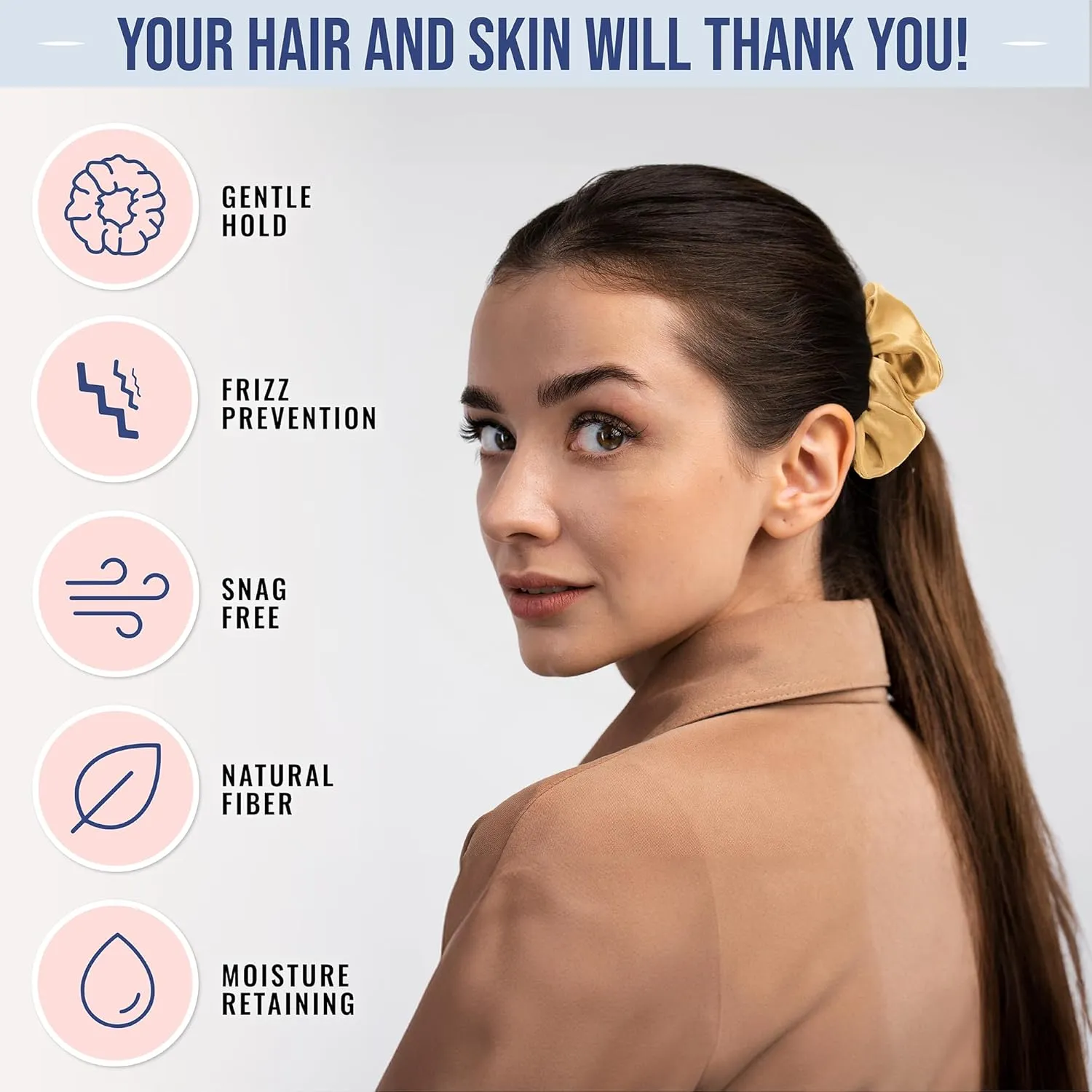 Blissy Silk Scrunchies (3 Pack) - 100% Pure Mulberry Silk - 22 Momme 6A High-Grade Fibers - Silk Scrunchie for Straight & Curly Hair - Preventing Breakage, Tangling, & Creasing (Gold Regular)