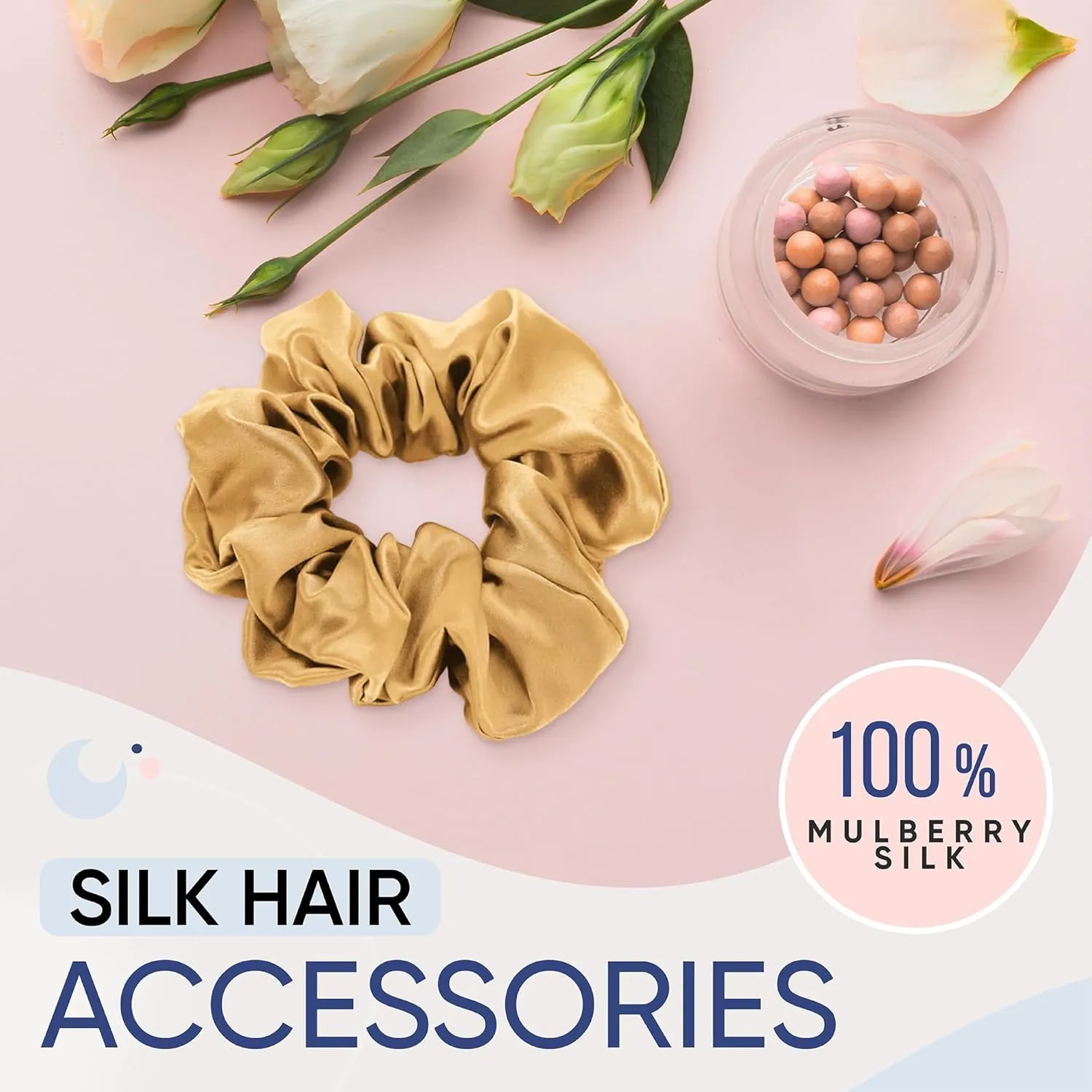 Blissy Silk Scrunchies (3 Pack) - 100% Pure Mulberry Silk - 22 Momme 6A High-Grade Fibers - Silk Scrunchie for Straight & Curly Hair - Preventing Breakage, Tangling, & Creasing (Gold Regular)