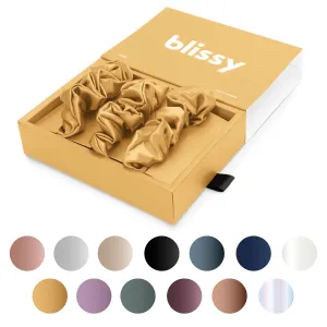 Blissy Silk Scrunchies (3 Pack) - 100% Pure Mulberry Silk - 22 Momme 6A High-Grade Fibers - Silk Scrunchie for Straight & Curly Hair - Preventing Breakage, Tangling, & Creasing (Gold Regular)