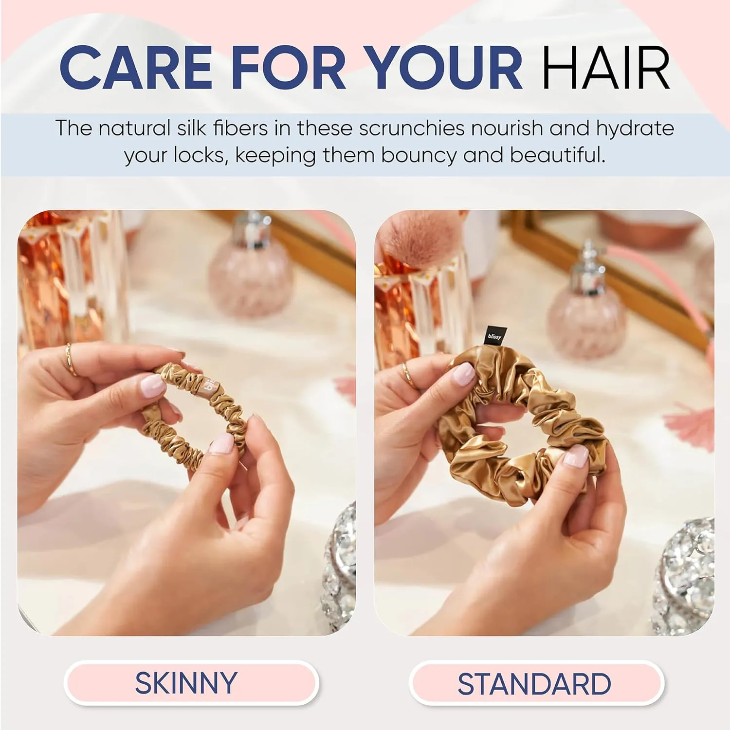 Blissy Silk Scrunchies (3 Pack) - 100% Pure Mulberry Silk - 22 Momme 6A High-Grade Fibers - Silk Scrunchie for Straight & Curly Hair - Preventing Breakage, Tangling, & Creasing (Gold Regular)