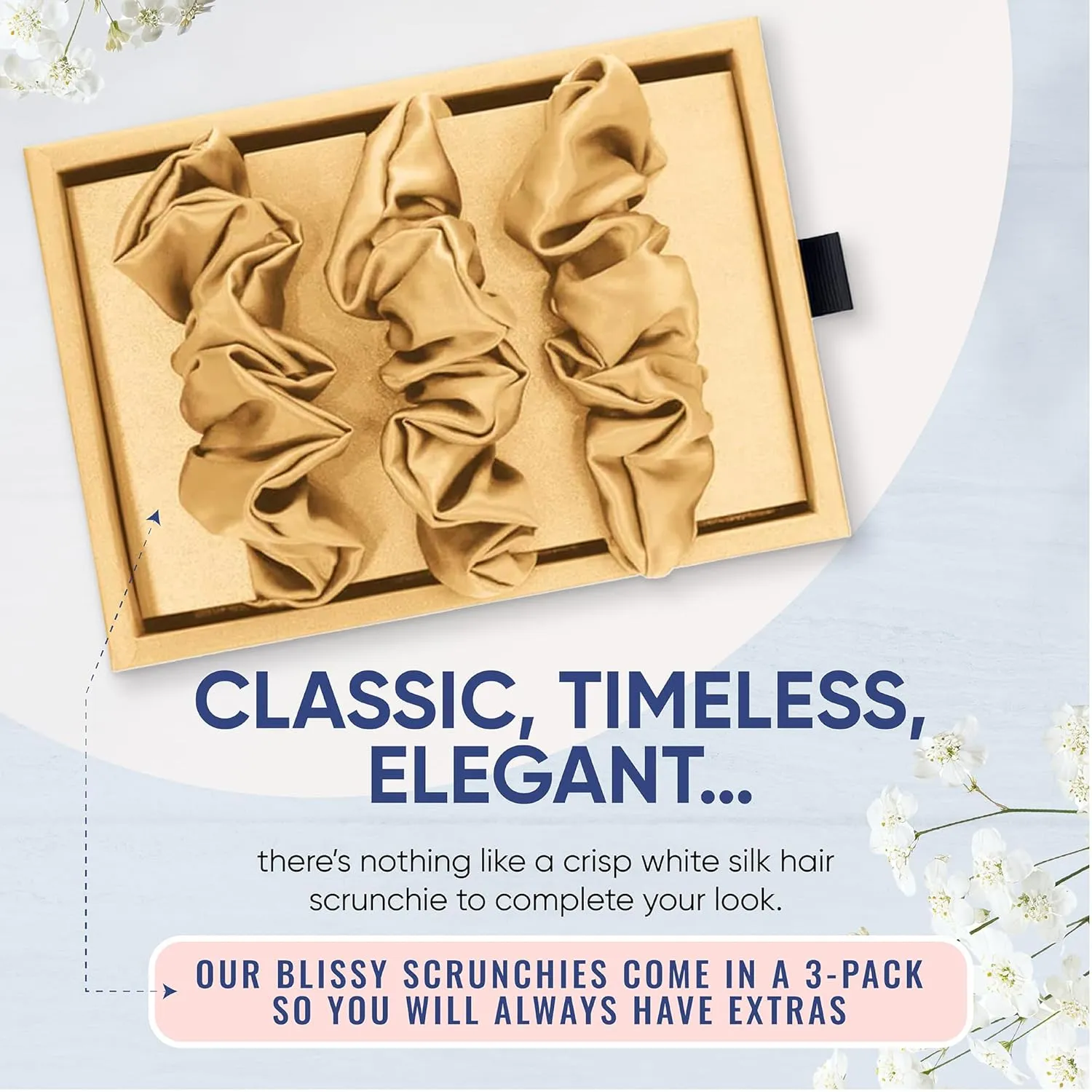 Blissy Silk Scrunchies (3 Pack) - 100% Pure Mulberry Silk - 22 Momme 6A High-Grade Fibers - Silk Scrunchie for Straight & Curly Hair - Preventing Breakage, Tangling, & Creasing (Gold Regular)