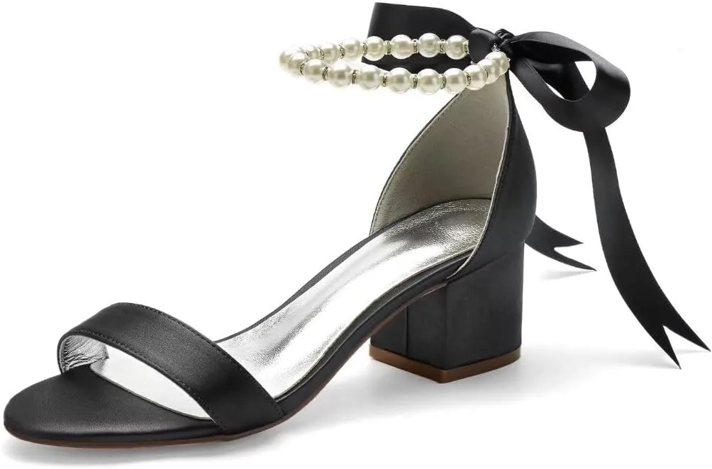Block Heel Bridal Shoes Open Toe Pearl Heels Wedding Shoes for Bride Wedding Sandals Bride Heels