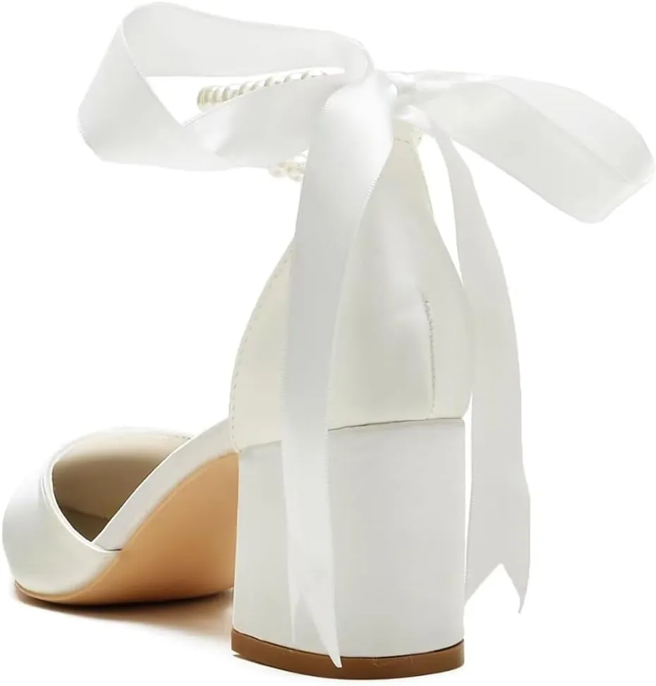 Block Heel Wedding Shoes for Bride Pointed Toe Pearl Wedding Heels Bridal Shoes