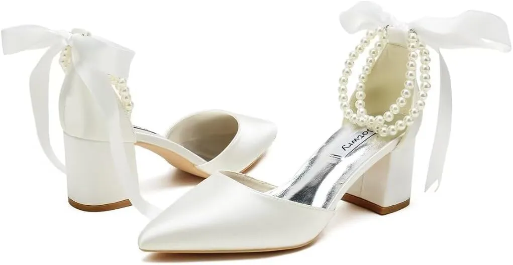 Block Heel Wedding Shoes for Bride Pointed Toe Pearl Wedding Heels Bridal Shoes