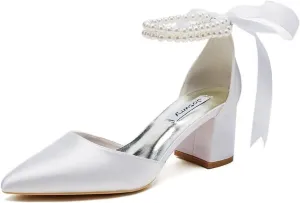Block Heel Wedding Shoes for Bride Pointed Toe Pearl Wedding Heels Bridal Shoes