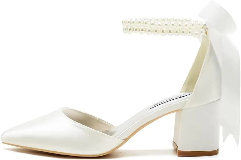Block Heel Wedding Shoes for Bride Pointed Toe Pearl Wedding Heels Bridal Shoes