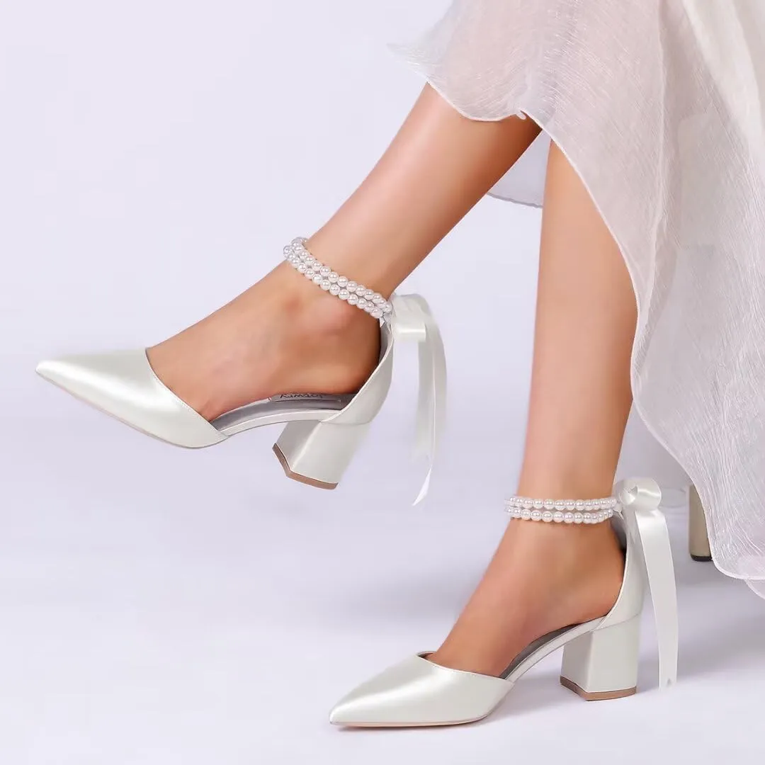 Block Heel Wedding Shoes for Bride Pointed Toe Pearl Wedding Heels Bridal Shoes