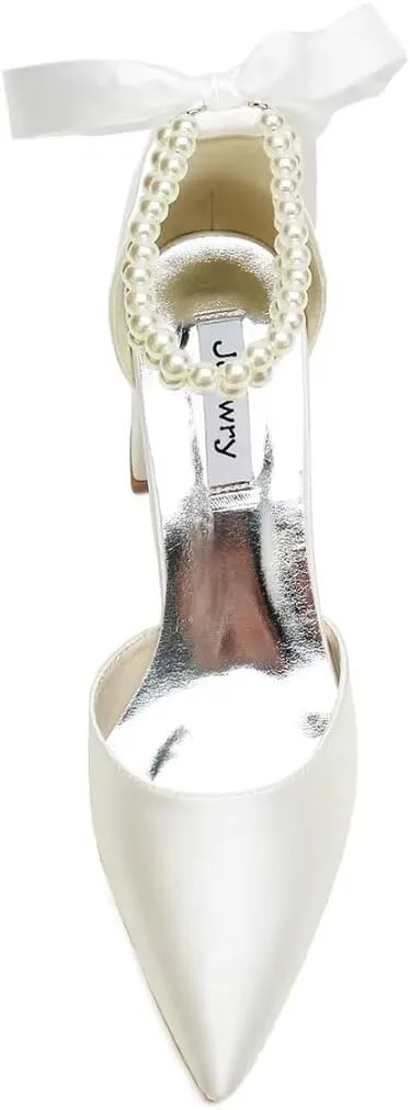 Block Heel Wedding Shoes for Bride Pointed Toe Pearl Wedding Heels Bridal Shoes