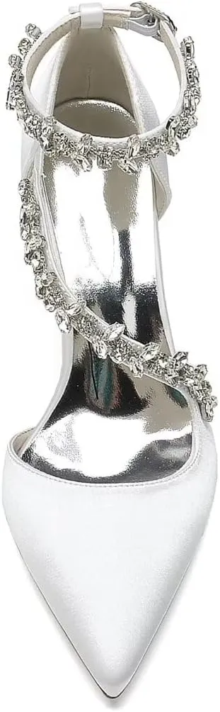 Block Heel Wedding Shoes for Bride Pointed Toe Rhinestones Strappy Bridal Heels Evening Formal Dress Shoes