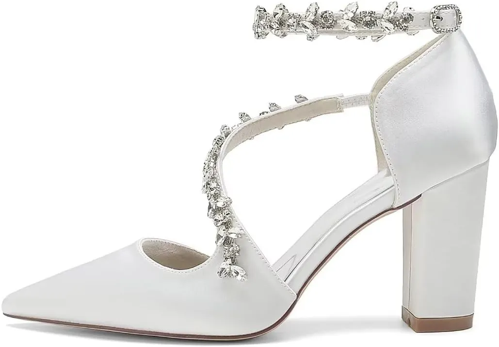 Block Heel Wedding Shoes for Bride Pointed Toe Rhinestones Strappy Bridal Heels Evening Formal Dress Shoes