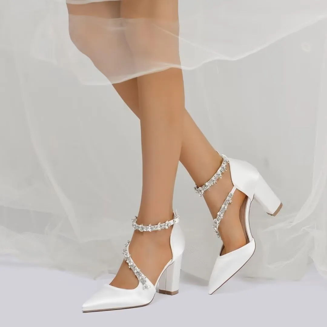Block Heel Wedding Shoes for Bride Pointed Toe Rhinestones Strappy Bridal Heels Evening Formal Dress Shoes