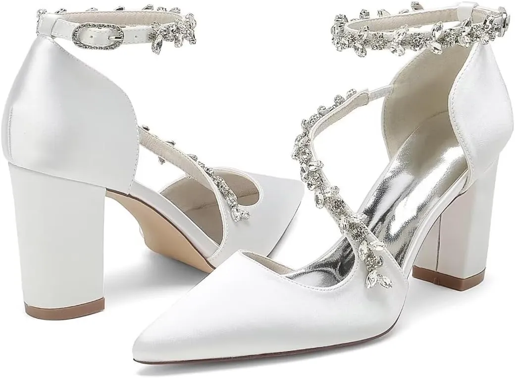 Block Heel Wedding Shoes for Bride Pointed Toe Rhinestones Strappy Bridal Heels Evening Formal Dress Shoes