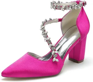 Block Heel Wedding Shoes for Bride Pointed Toe Rhinestones Strappy Bridal Heels Evening Formal Dress Shoes