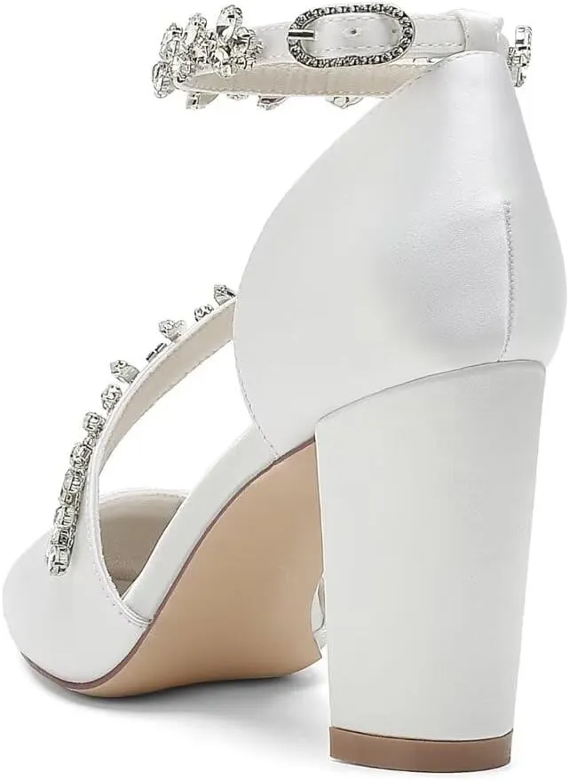 Block Heel Wedding Shoes for Bride Pointed Toe Rhinestones Strappy Bridal Heels Evening Formal Dress Shoes
