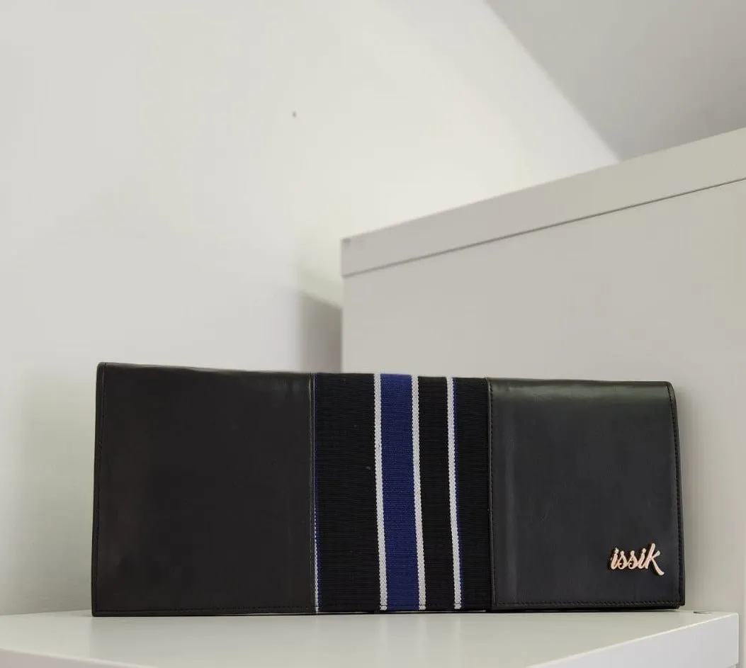 Blue & Black Leather & Aso-Oke Clutch Purses