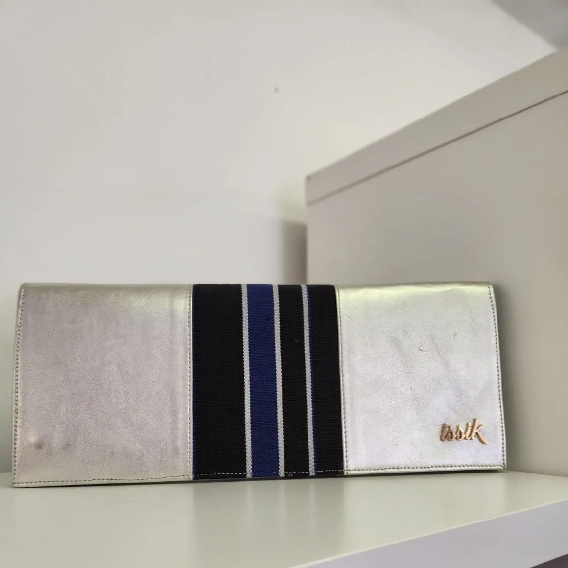 Blue & Black Leather & Aso-Oke Clutch Purses