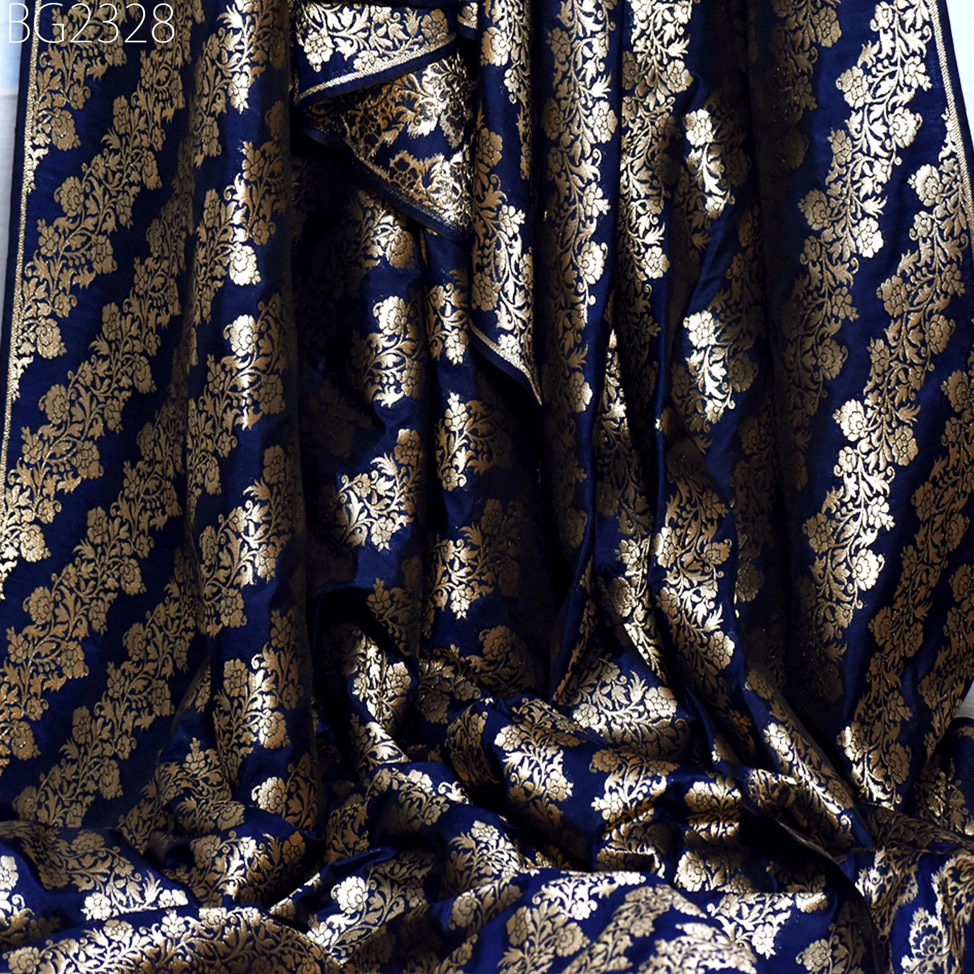 Blue Brocade Fabric by the Yard Wedding Dress Jackets Indian Blended Banarasi Silk Dress Material Sewing Cushion Covers Home Décor Crafting