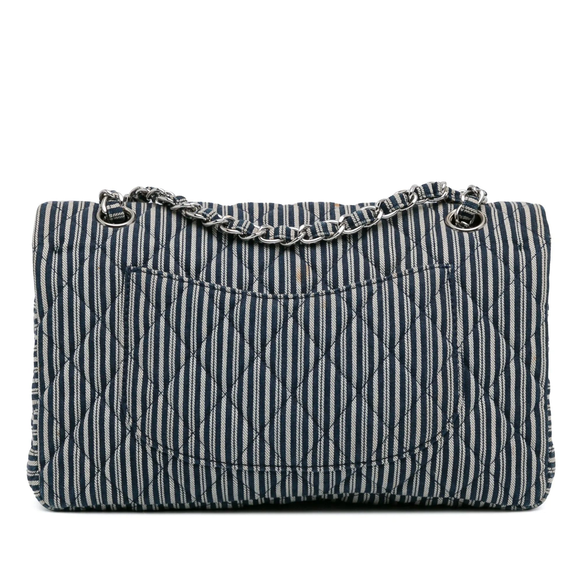 Blue Chanel Medium Classic Canvas Sequin Stripes Double Flap Shoulder Bag
