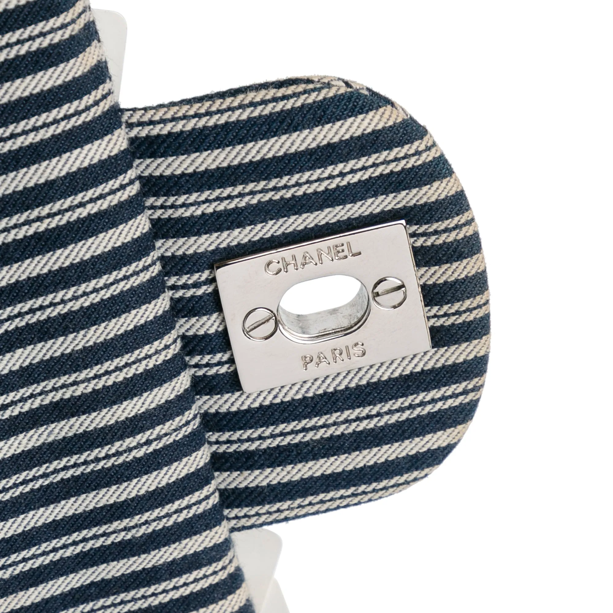 Blue Chanel Medium Classic Canvas Sequin Stripes Double Flap Shoulder Bag