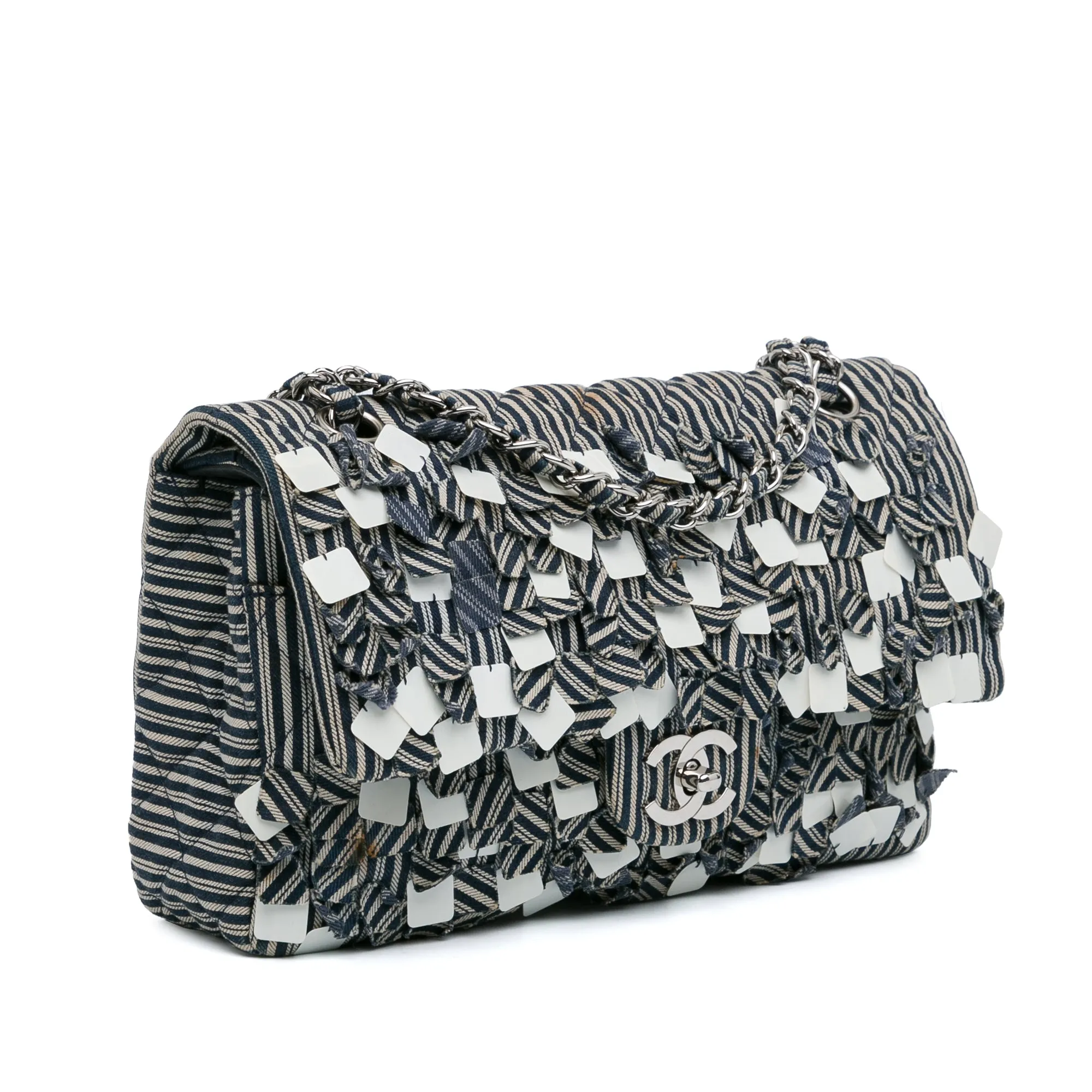 Blue Chanel Medium Classic Canvas Sequin Stripes Double Flap Shoulder Bag