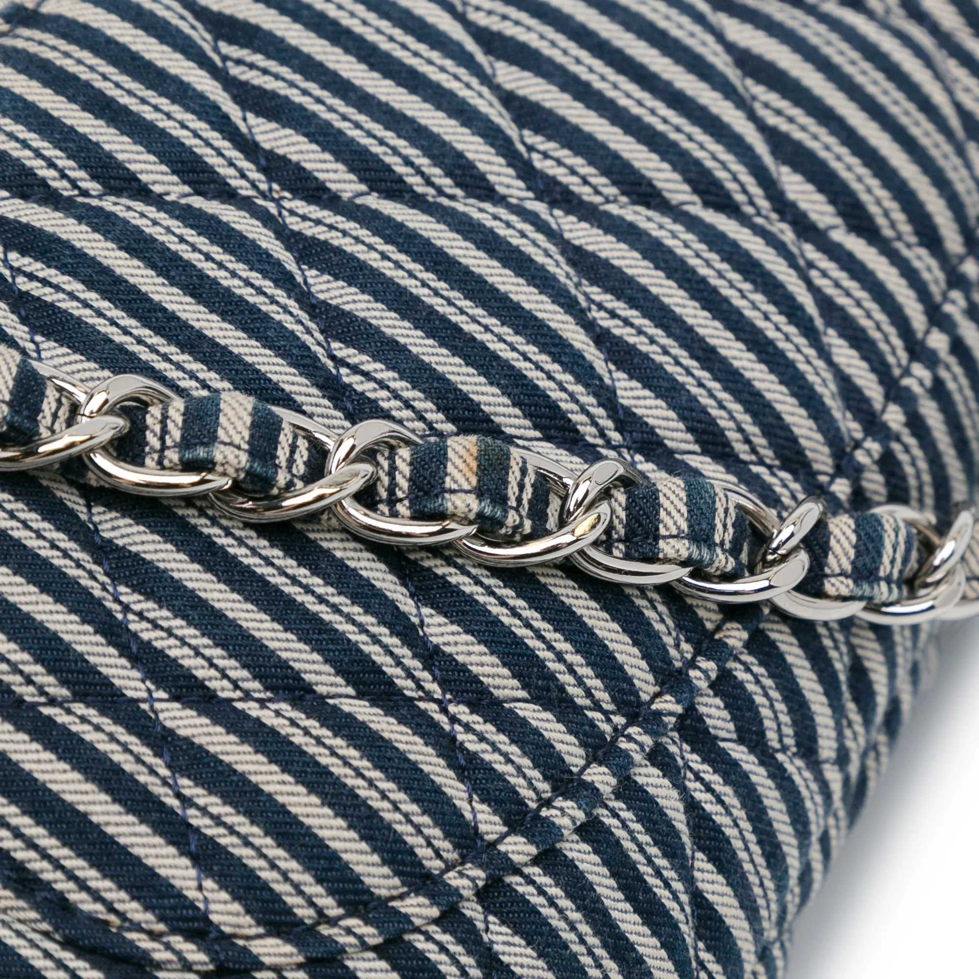 Blue Chanel Medium Classic Canvas Sequin Stripes Double Flap Shoulder Bag