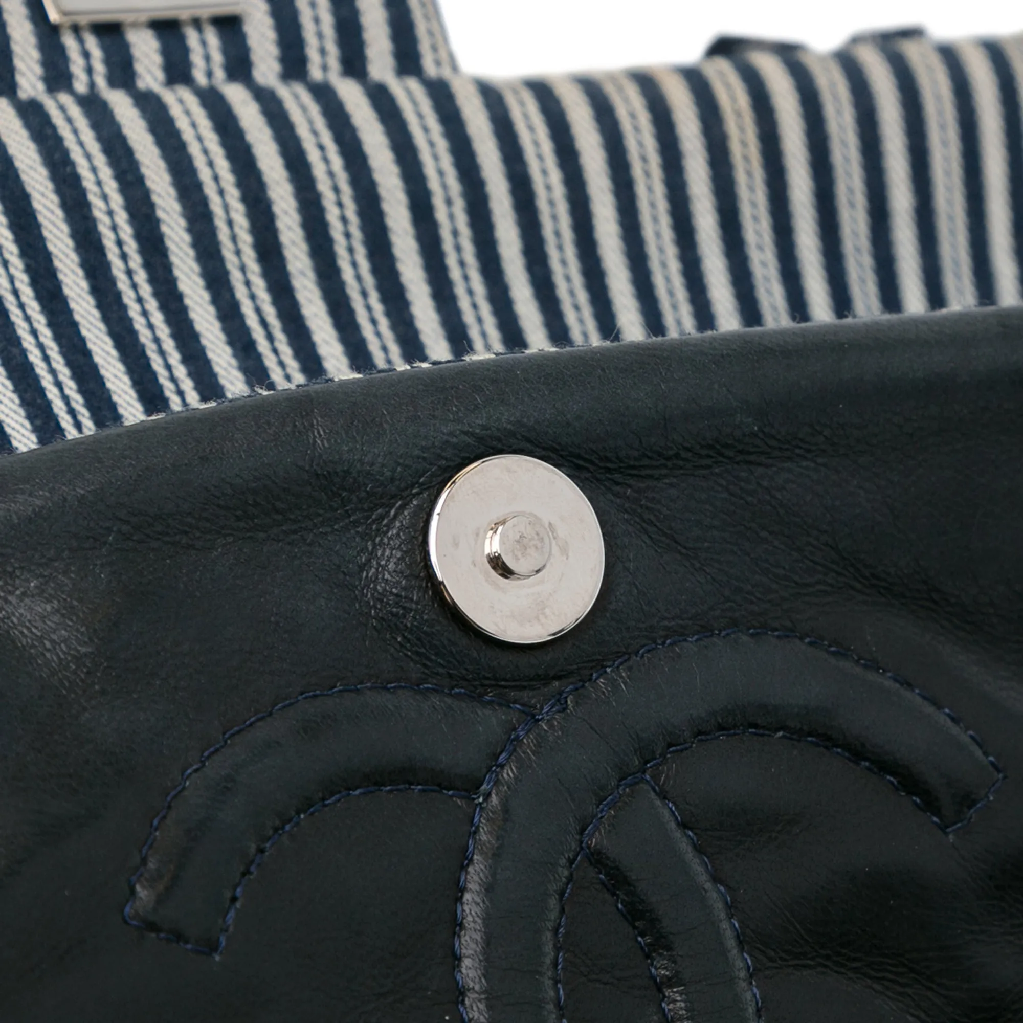 Blue Chanel Medium Classic Canvas Sequin Stripes Double Flap Shoulder Bag