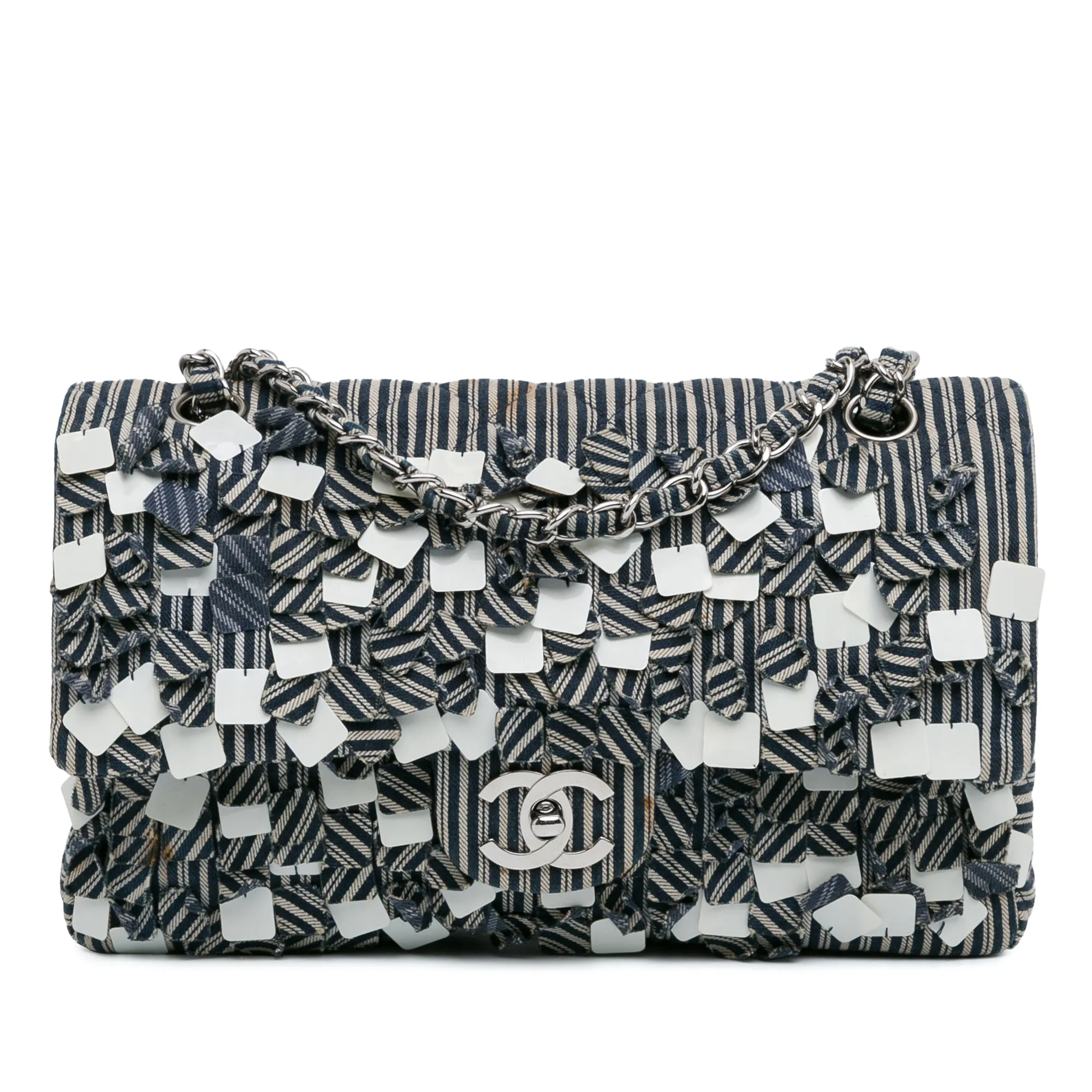 Blue Chanel Medium Classic Canvas Sequin Stripes Double Flap Shoulder Bag