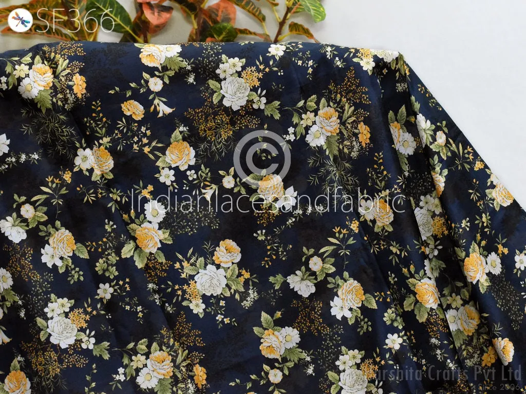 Blue Indian Saree Soft Pure Printed Silk Fabric by the yard Wedding Dress Bridesmaid Party Costume Curtains Crafting Sewing Dupatta Scarf