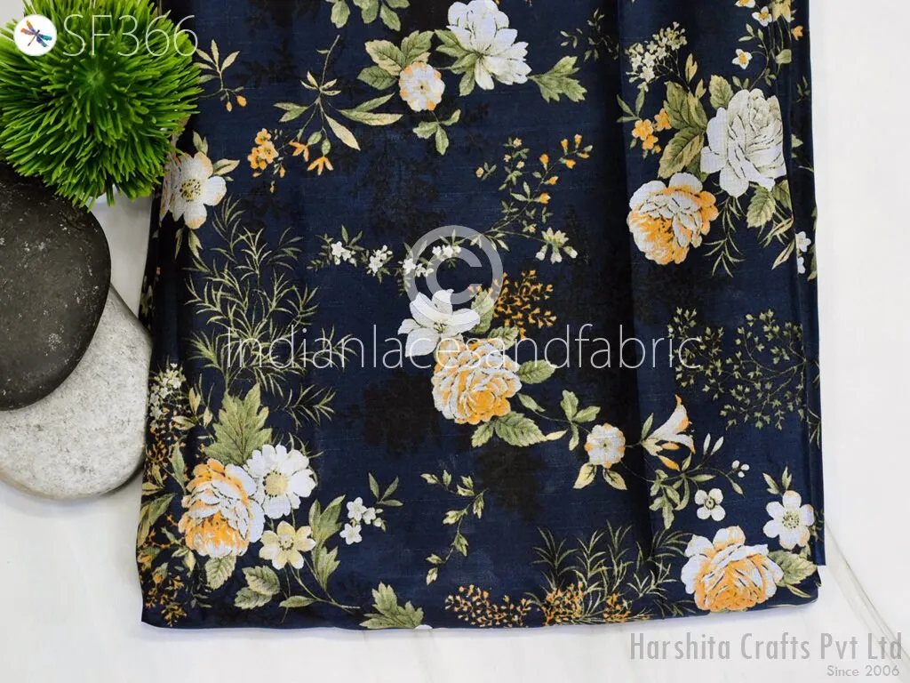 Blue Indian Saree Soft Pure Printed Silk Fabric by the yard Wedding Dress Bridesmaid Party Costume Curtains Crafting Sewing Dupatta Scarf
