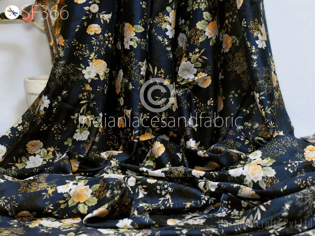 Blue Indian Saree Soft Pure Printed Silk Fabric by the yard Wedding Dress Bridesmaid Party Costume Curtains Crafting Sewing Dupatta Scarf