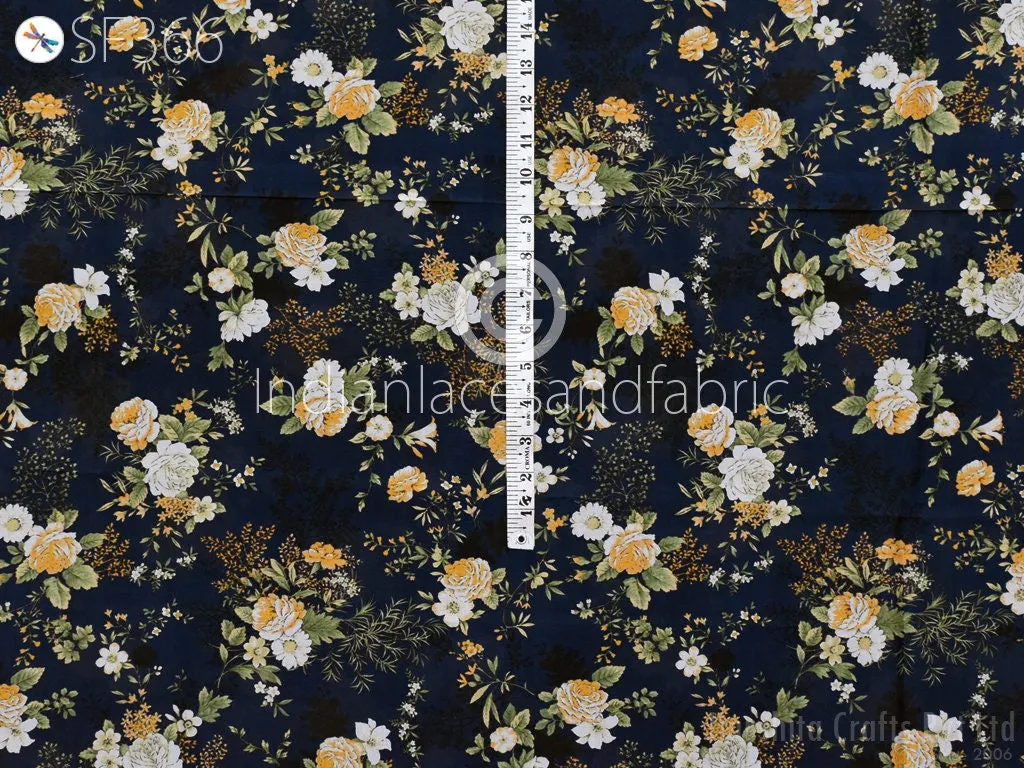 Blue Indian Saree Soft Pure Printed Silk Fabric by the yard Wedding Dress Bridesmaid Party Costume Curtains Crafting Sewing Dupatta Scarf