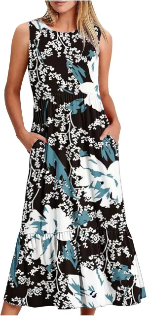 Boho Dresses for Women 2024 High Waist Ruched Maxi Tank Dresses Pockets Summer Hawaiian Dress Vacation Trendy