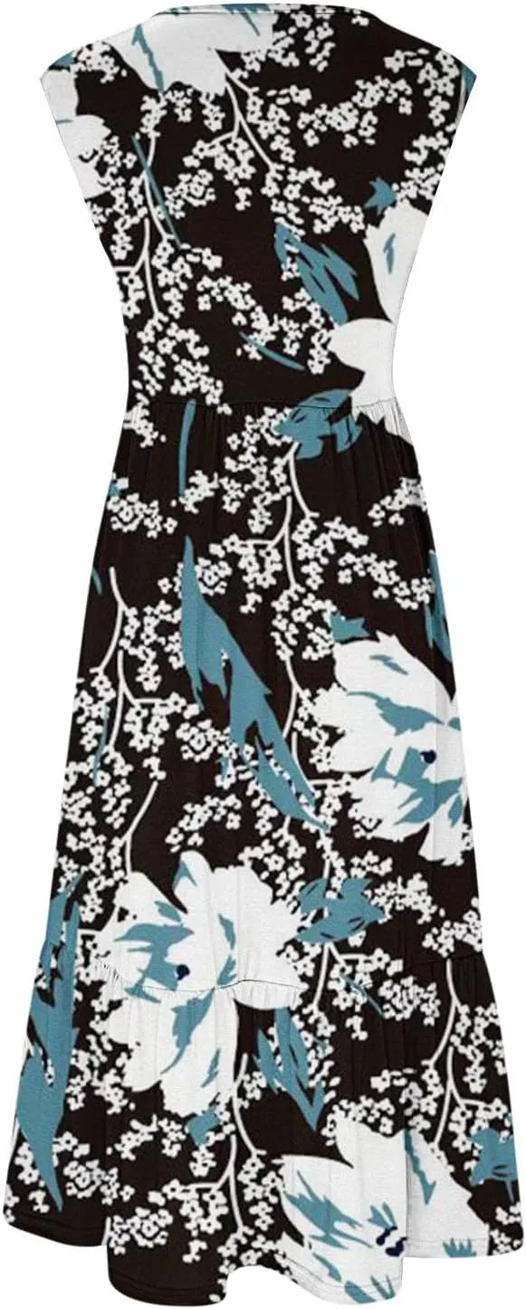 Boho Dresses for Women 2024 High Waist Ruched Maxi Tank Dresses Pockets Summer Hawaiian Dress Vacation Trendy