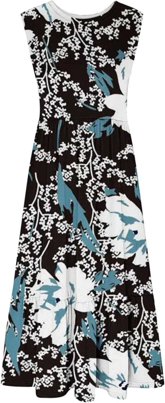 Boho Dresses for Women 2024 High Waist Ruched Maxi Tank Dresses Pockets Summer Hawaiian Dress Vacation Trendy