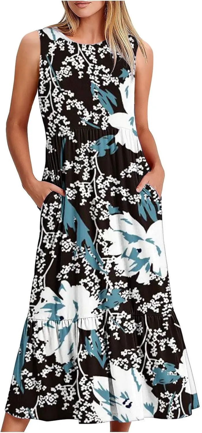 Boho Dresses for Women 2024 High Waist Ruched Maxi Tank Dresses Pockets Summer Hawaiian Dress Vacation Trendy
