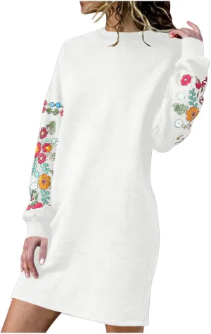Boho Dresses for Women 2024 Long Sleeve Crewneck Aztec Ethnic Western Dress Causal Dressy Ethnic Print Mini Dresses