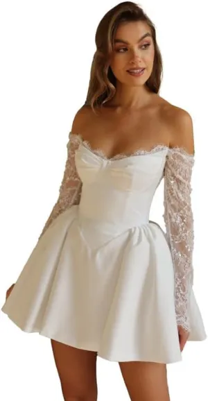 Boho Short Wedding Dresses for Bride with Bow Satin A-Line Bridal Shower Dress Mini Homecoming Dresses