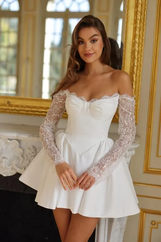 Boho Short Wedding Dresses for Bride with Bow Satin A-Line Bridal Shower Dress Mini Homecoming Dresses