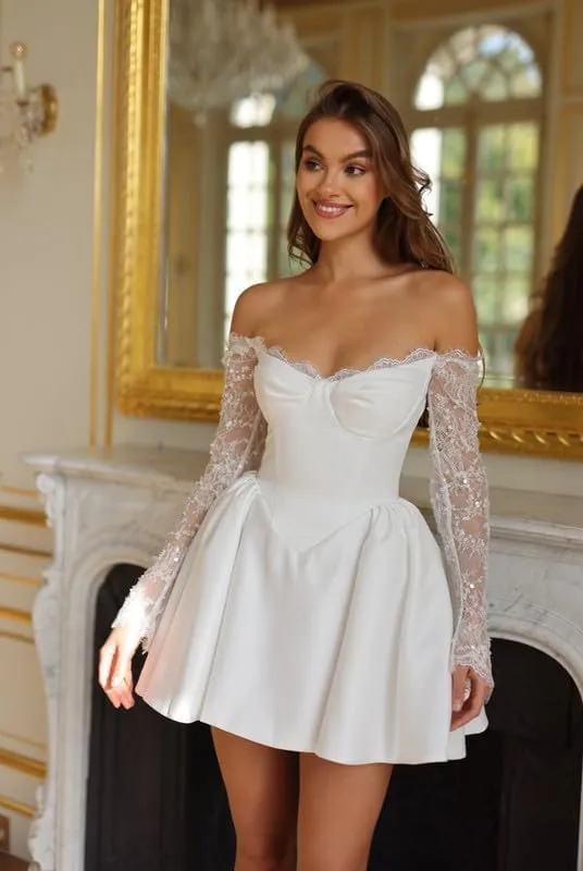 Boho Short Wedding Dresses for Bride with Bow Satin A-Line Bridal Shower Dress Mini Homecoming Dresses