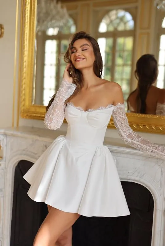 Boho Short Wedding Dresses for Bride with Bow Satin A-Line Bridal Shower Dress Mini Homecoming Dresses