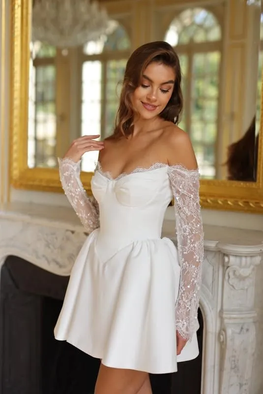Boho Short Wedding Dresses for Bride with Bow Satin A-Line Bridal Shower Dress Mini Homecoming Dresses