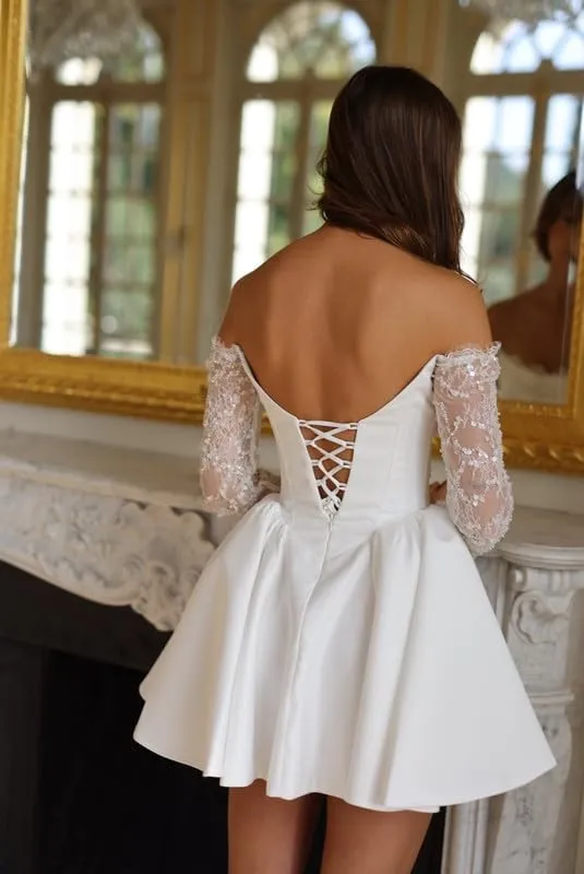 Boho Short Wedding Dresses for Bride with Bow Satin A-Line Bridal Shower Dress Mini Homecoming Dresses