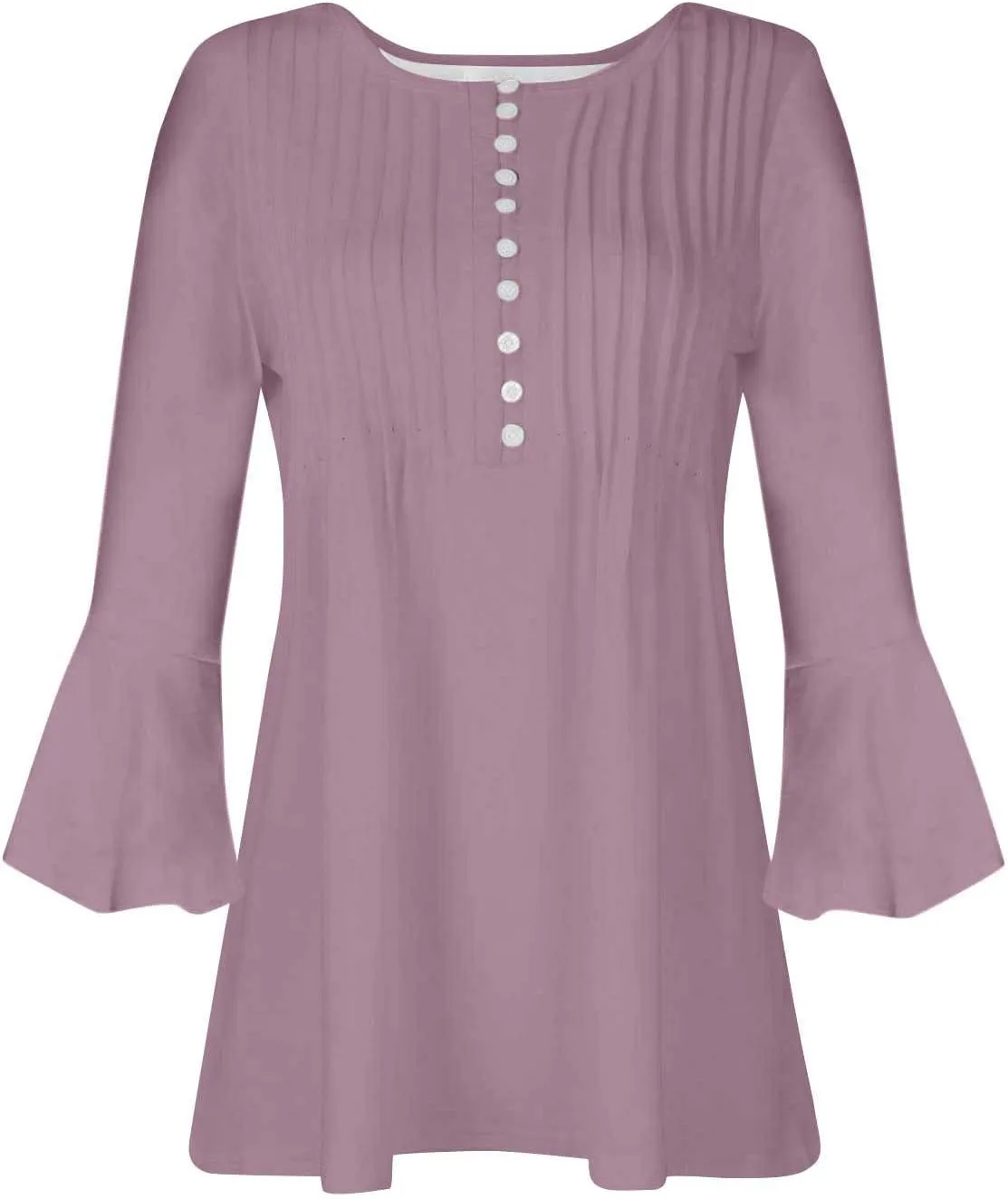 Boho Tops for Women Fall Solid Button Down Empire Waist Pleated Shirts V-Neck Fashion 3/4 Sleeve Vintage Flowy Blouse