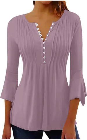 Boho Tops for Women Fall Solid Button Down Empire Waist Pleated Shirts V-Neck Fashion 3/4 Sleeve Vintage Flowy Blouse