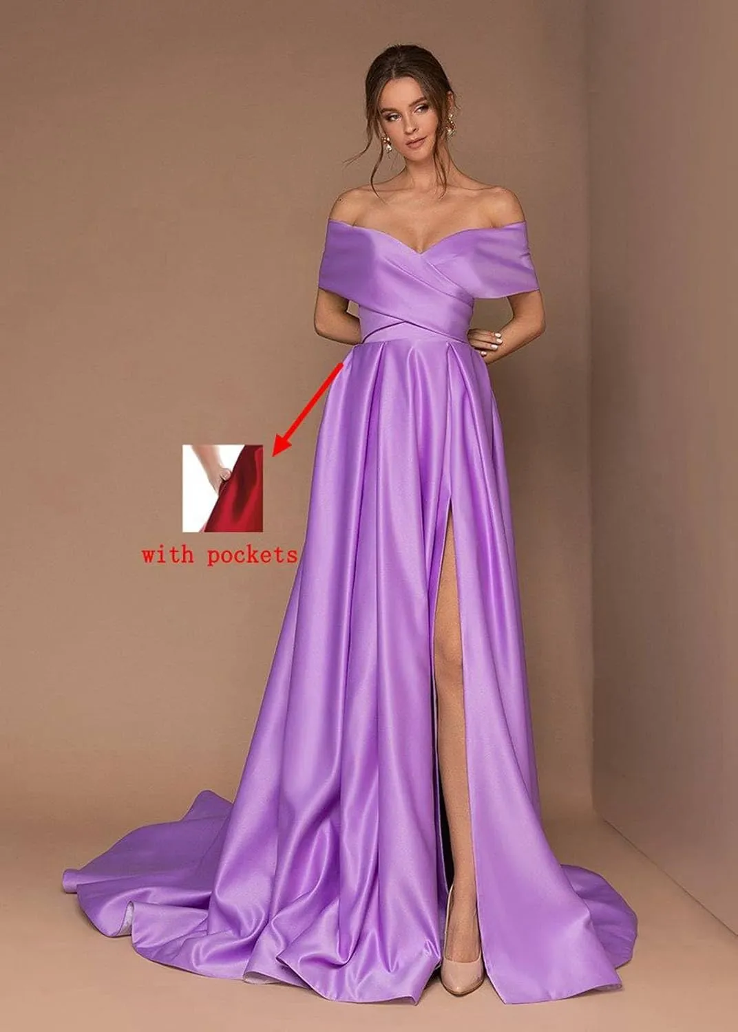 BONOYUER Satin Off The Shoulder Prom Dresses with Slit Pockets A Line Formal Evening Gown for Women