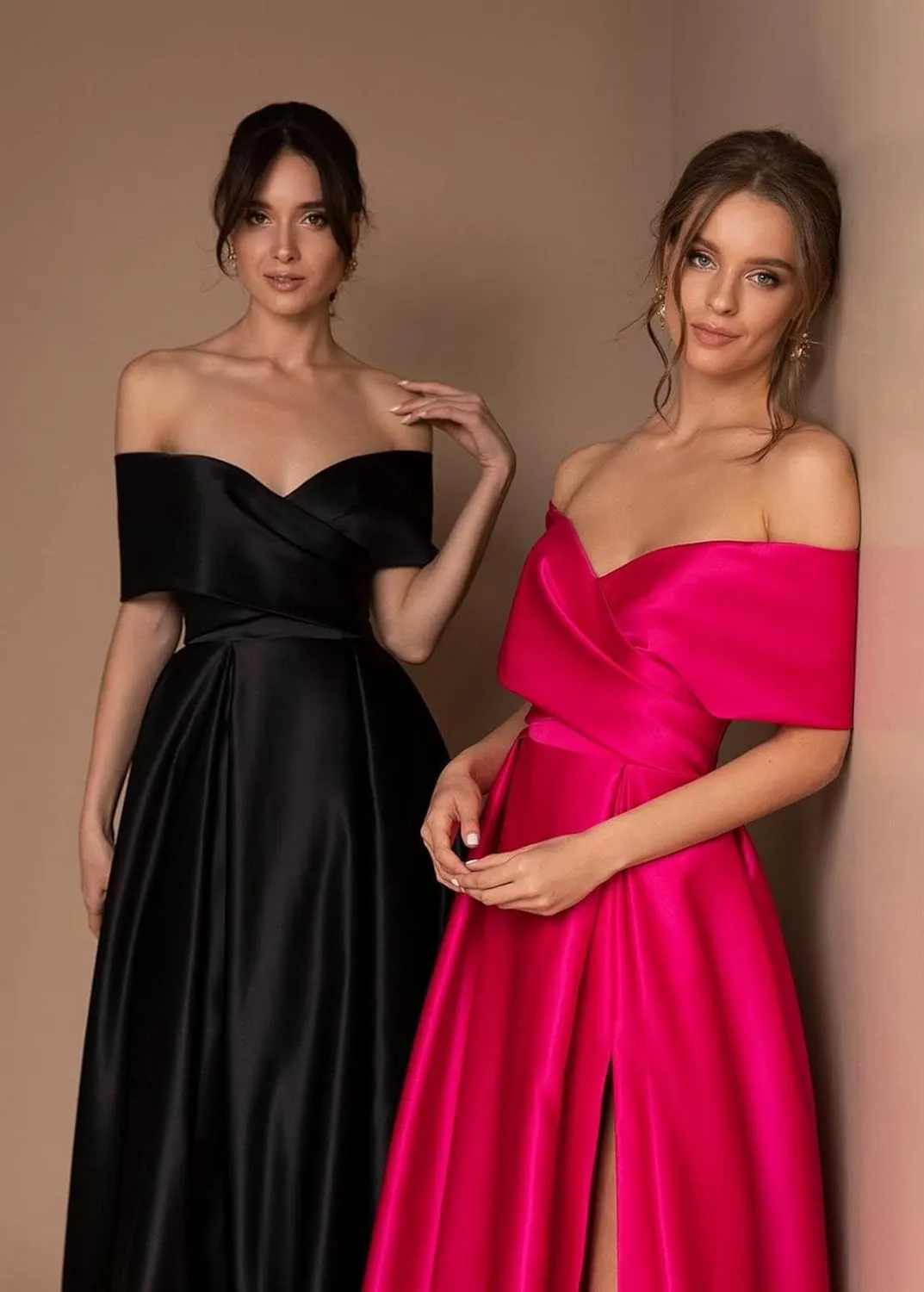 BONOYUER Satin Off The Shoulder Prom Dresses with Slit Pockets A Line Formal Evening Gown for Women