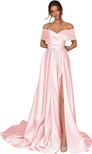 BONOYUER Satin Off The Shoulder Prom Dresses with Slit Pockets A Line Formal Evening Gown for Women
