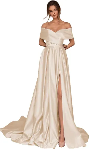 BONOYUER Satin Off The Shoulder Prom Dresses with Slit Pockets A Line Formal Evening Gown for Women