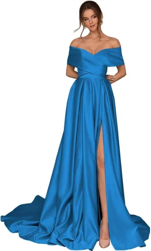 BONOYUER Satin Off The Shoulder Prom Dresses with Slit Pockets A Line Formal Evening Gown for Women