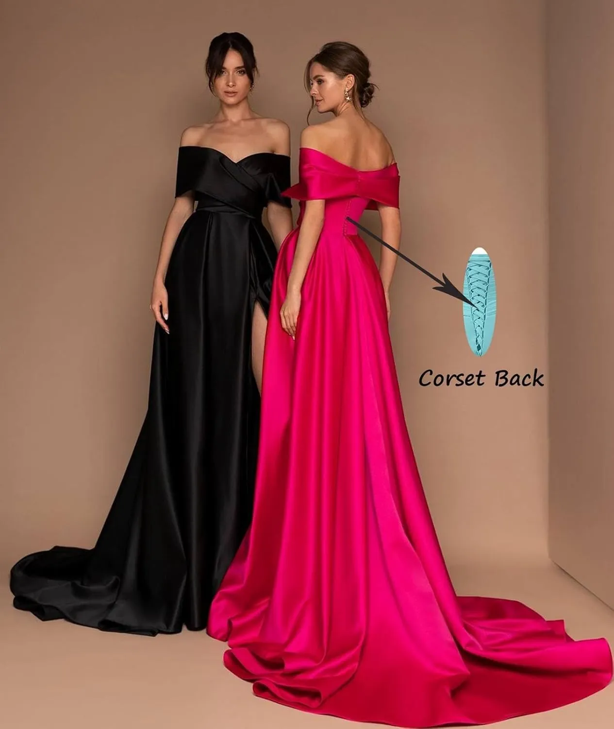 BONOYUER Satin Off The Shoulder Prom Dresses with Slit Pockets A Line Formal Evening Gown for Women